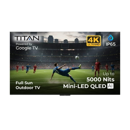 Titan G300 Mini- QLED PRO Full Sun Outdoor TV, IP65 Weatherproof, 5000 Nit Brightness, Google OS, 4K, Dlby Atmos, Bonus: Premium Tv Cover + Stream Stick, Assembled in USA 2 Yr Warranty