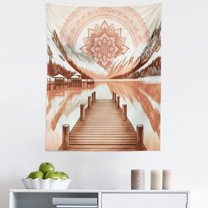 Ambesonne Lake Wall Hanging Tapestry, Mountains Pier and Mandala, 23"x28", Salmon Redwood and Dark Rust