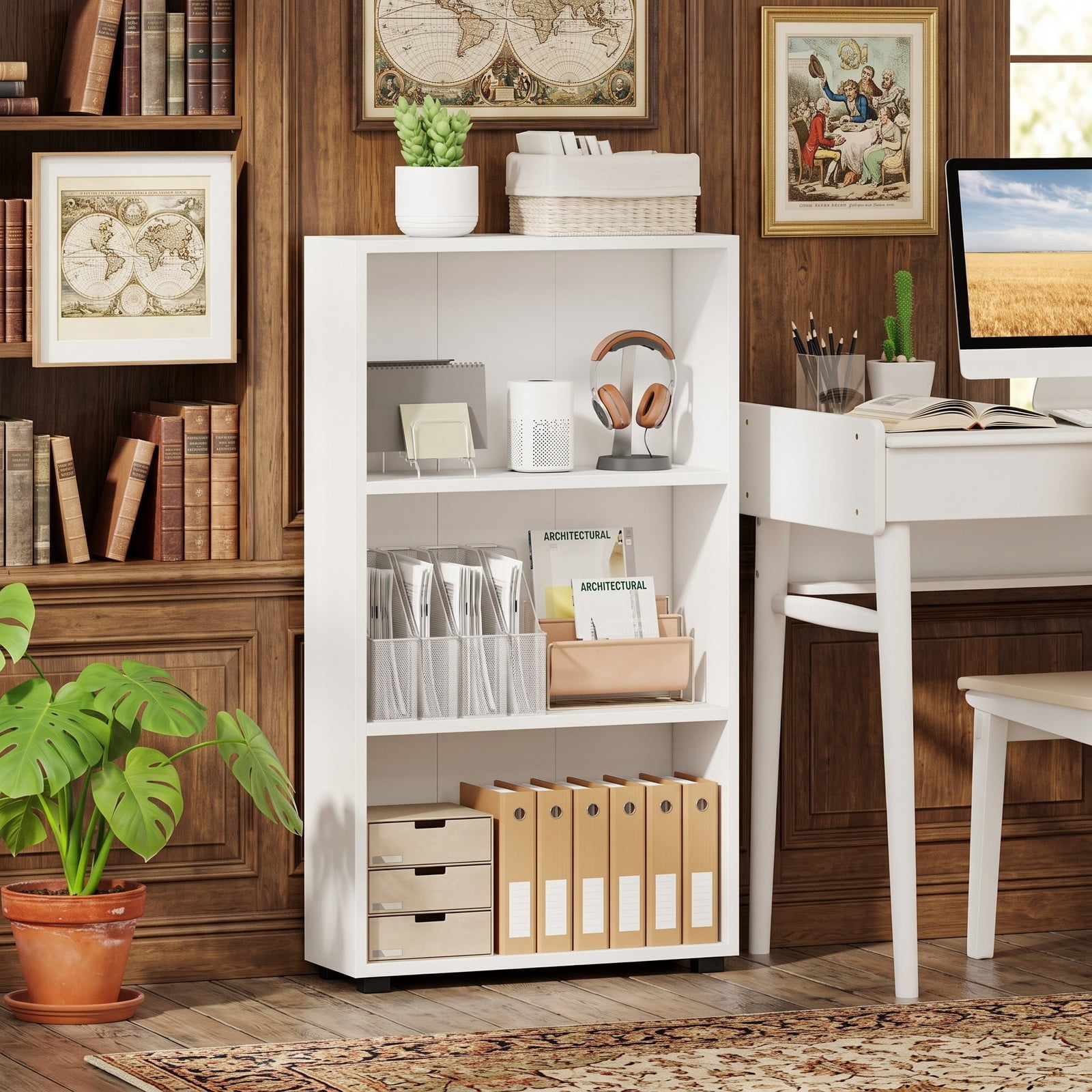 Furnibear 3-Tier Bookcase 42 Inch Tall Bookshelf with Anti-Tipping Kit, Freestanding Open Wood Storage Shelf Organizer for Living Room Bedroom Home Office Study, White