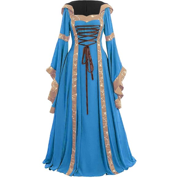 LNGOOR Womens Medieval Dress Women‘s Vintage Celtic Medieval Floor Length Renaissance Gothic Retro Costumes Hooded Maxi Dress Womens Clothes