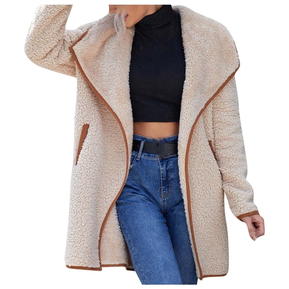 IROINNID Women's Coat Shearling Coat Turndown Lapel Solid Color Long Sleeve Comfy Large Double Sided Plush Pocket Recreational Tops, Beige
