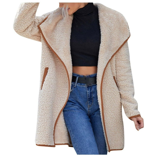 IROINID Manteau Mi-Long en Shearling pour Femmes Col Rabattu Couleur Unie Manches Longues Confortable Grande Poche en Peluche Récréative, Beige
