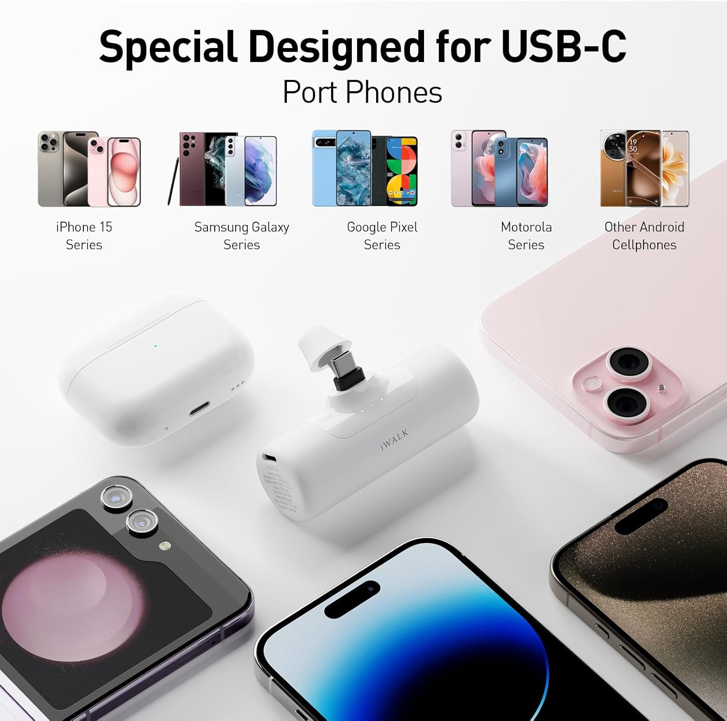 4,500mAh Portable Charger for iPhone 15/16/17, Power Bank with Build-in USB C Connector, Battery Pack Phone Charger for iPhone Series, Samsung S22/23/24 Series and Android, White
