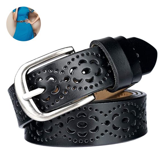 Women's Hollow Flower Leather Belt for Jeans Pants - Wide Belt for Ladies - Coffee