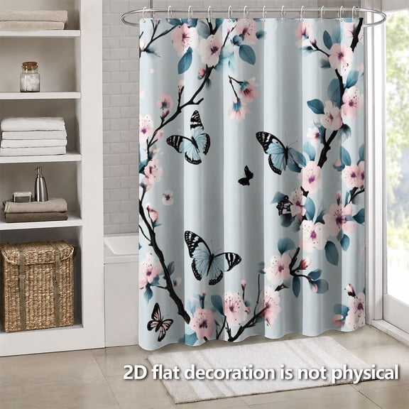 Hoease Cherry Blossom Branch Blue Butterfly Shower Curtain, 71W x 71L Inch Waterproof Fabric Bathroom Curtain with 12 Hooks, Soft Floral Bath Decor