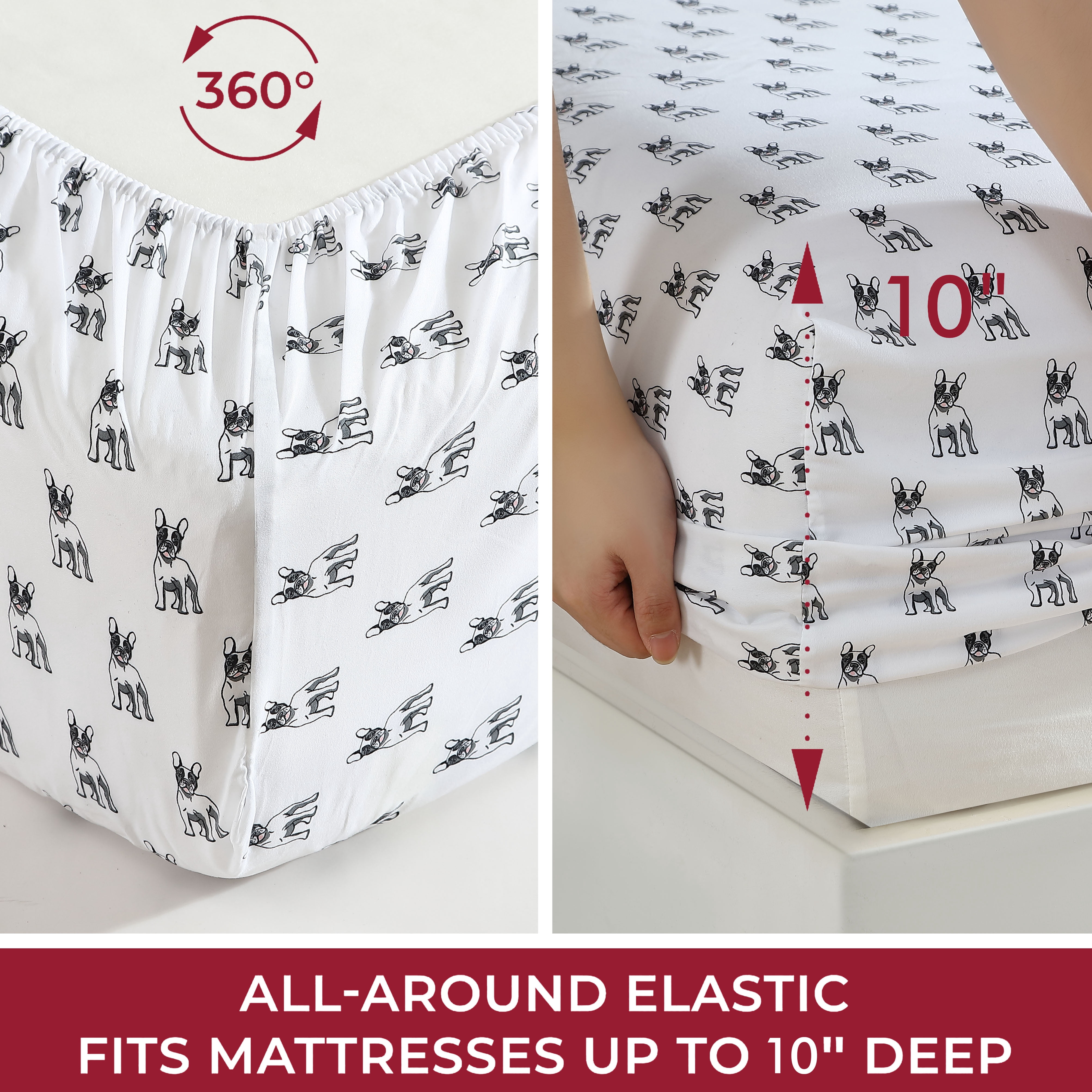 Beatrice Home Fashions, Whimsical Print 3PC Sheet Set, Twin, Bulldog White