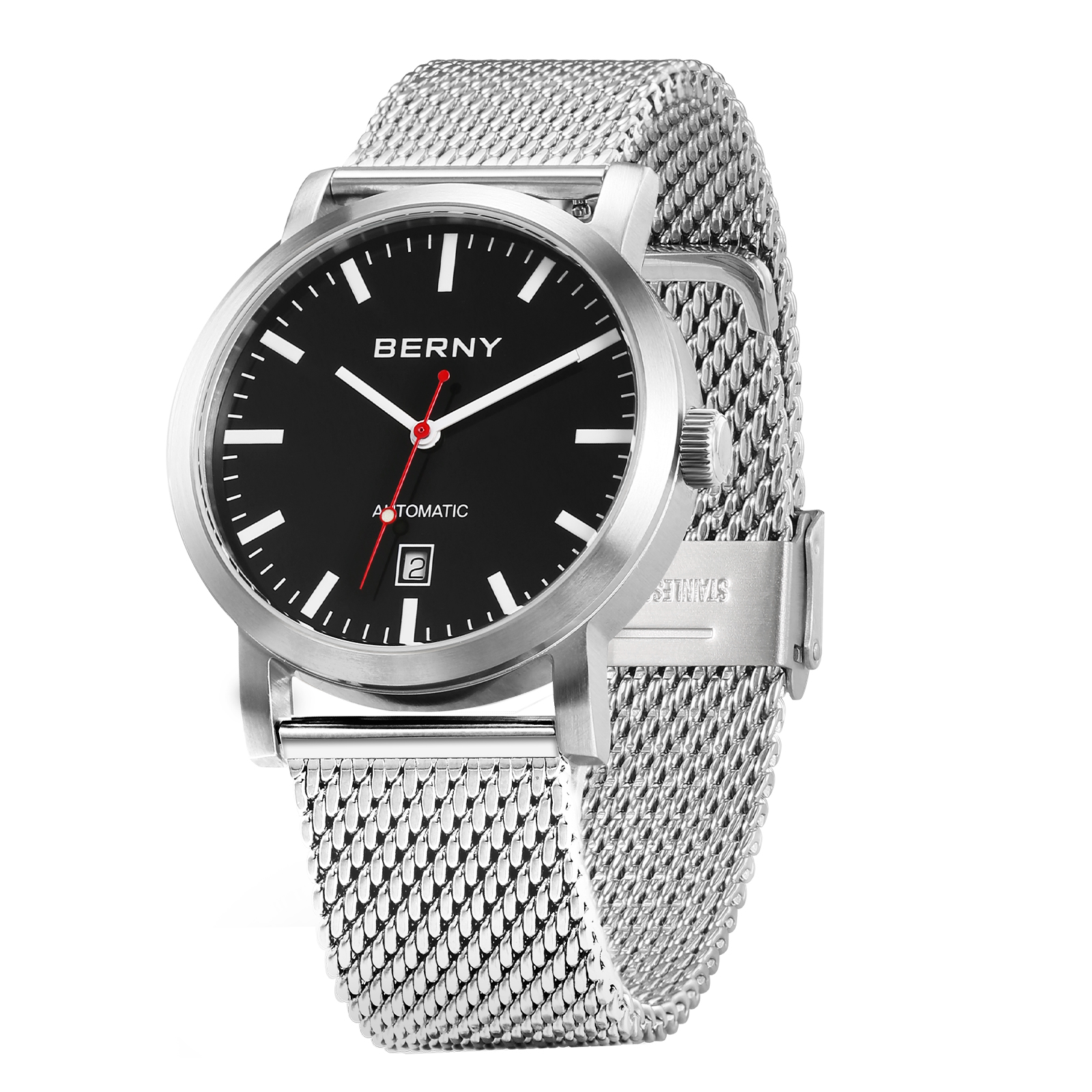 BERNY Automatic Watch for Men, Classic Mechanical Wristwatch with Stainless Steel Mesh Band, Date Calendar, 5ATM Waterproof, Super Luminous, Red Seconds Hand (Black)