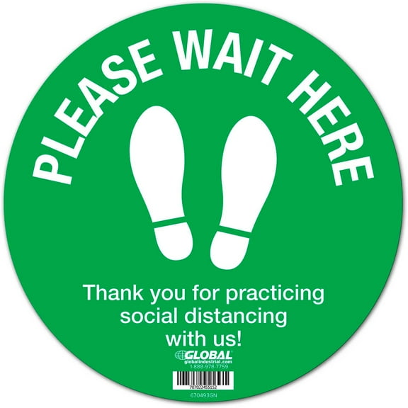 Global Industrial Green Please Wait Here Floor Sign 12'' Round Vinyl Adhesive