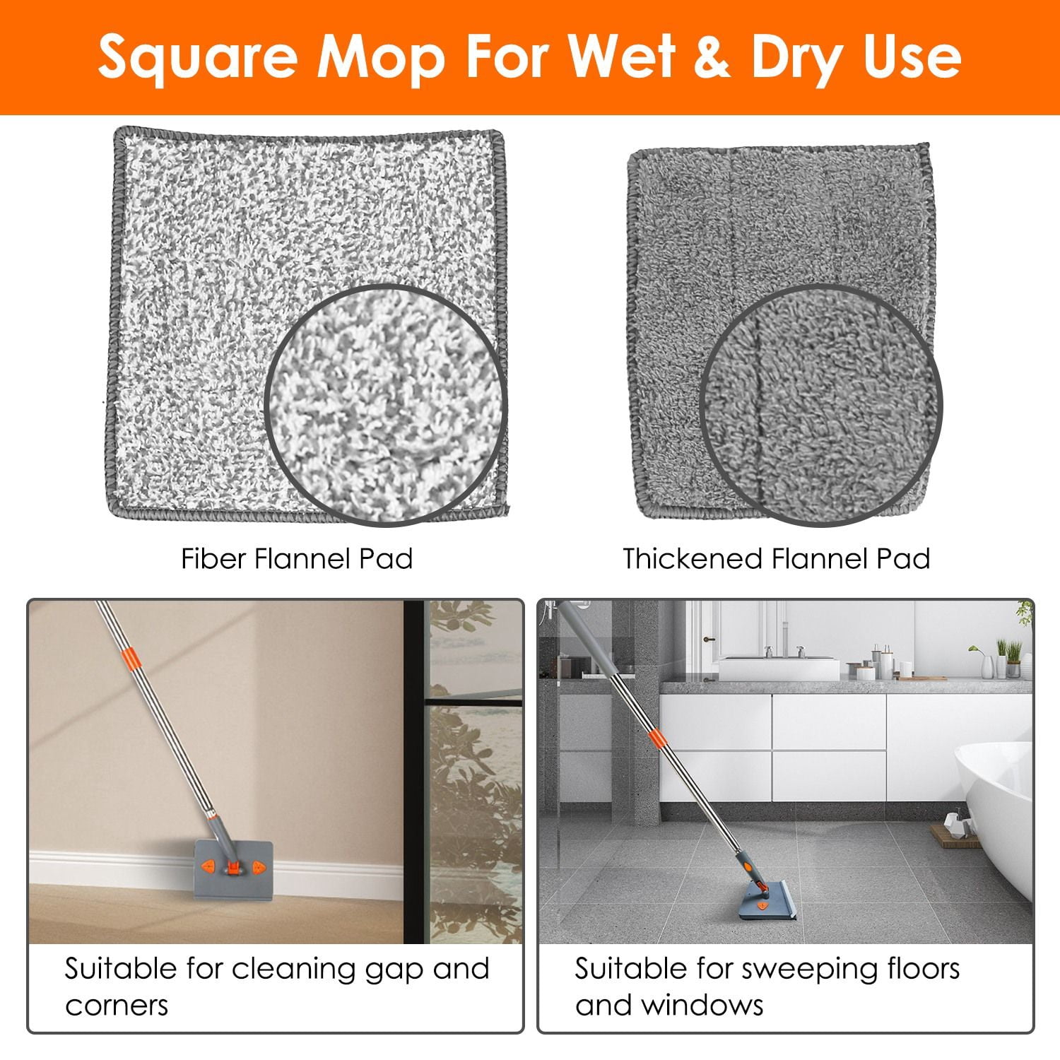 Wall & Baseboard Cleaning Mop with 8 Reusable Pads, 5-Section Extendable Stainless Steel Handle, 90° Flip Design, Hanging Holder for Home Cleaning
