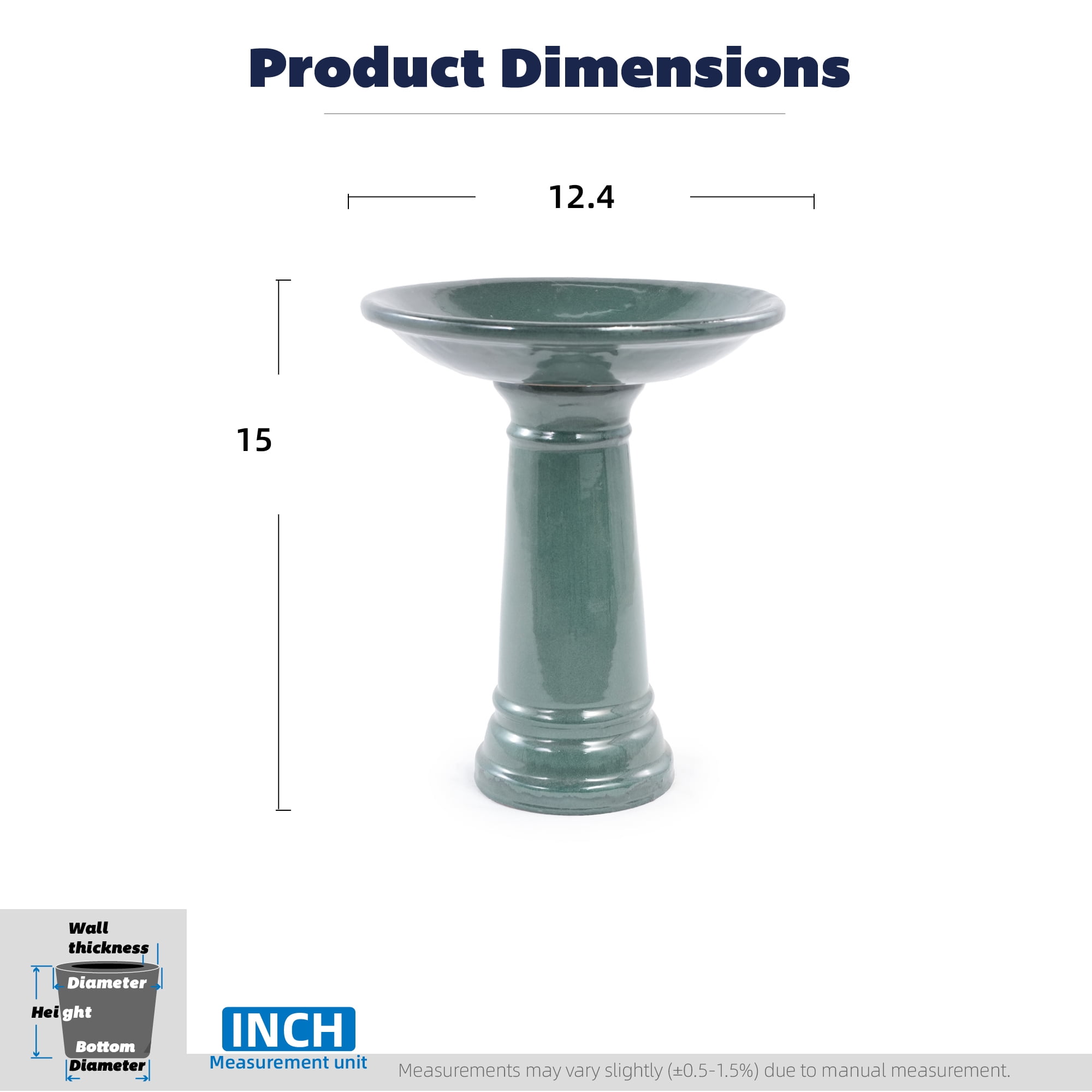 Ceramic Pedestal Bird Bath for Outdoor Garden, 12.4 Inch Diameter Vintage Forest Green Birdbath, Tall Backyard Patio Wild Bird Water Feeder Yard Decor