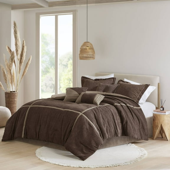 Bedding Sets 7 Piece Micro Corduroy Comforter Set Brown King,Bed Sets