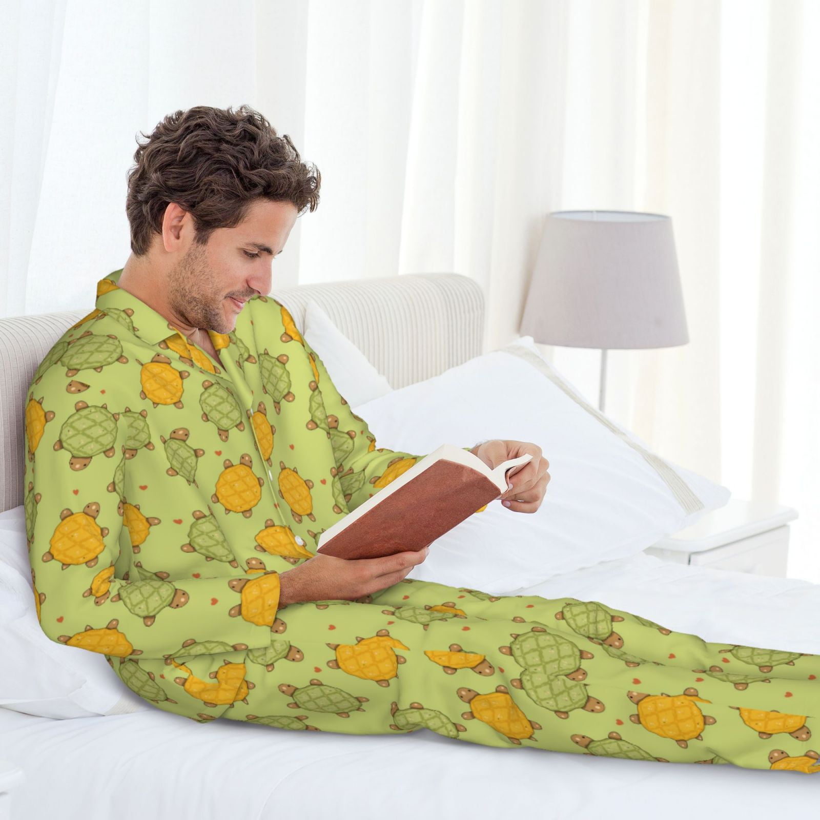 Zeuib Cute Turtle Print Men's Long-Sleeved Pajama Set,Button
