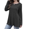 thumbnail image 1 of Camiseta de manga larga para mujer con bolsillos, cuello redondo, decoración de botones superiores para todas las estaciones, negro S, 1 of 6