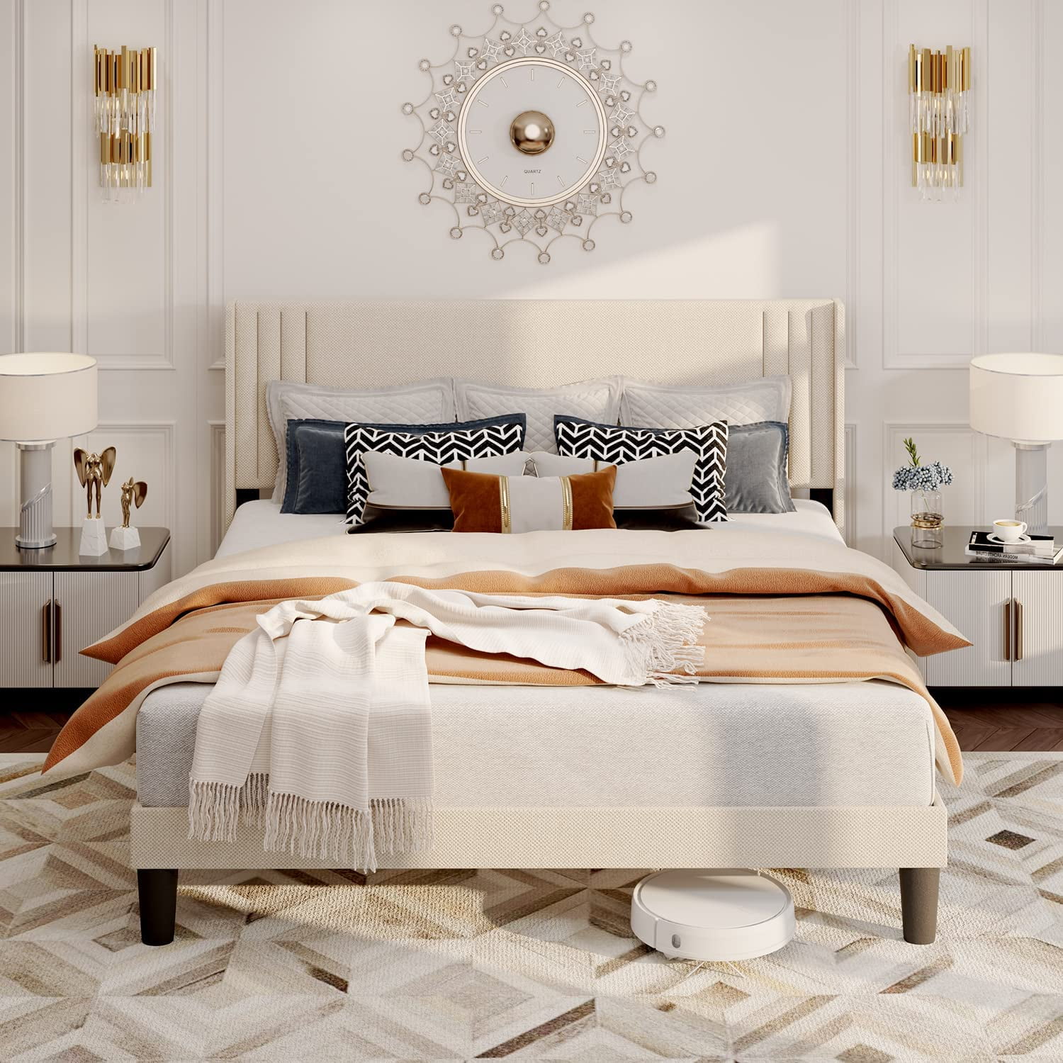 Full Platform Bed Frame with Wingback Headboard, Beige