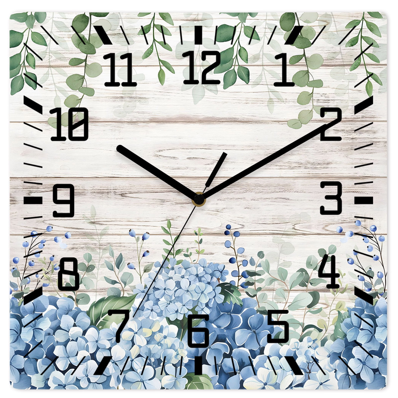 Wall Clock Blue Hydrangea Operated Square Clocks Wooden Silent Non-Ticking Wallclock 10 Inch Green Eucalyptus Leaves Wood Grain Wood Wall Clock for Living Room Bedroom Office Shool Home Decor