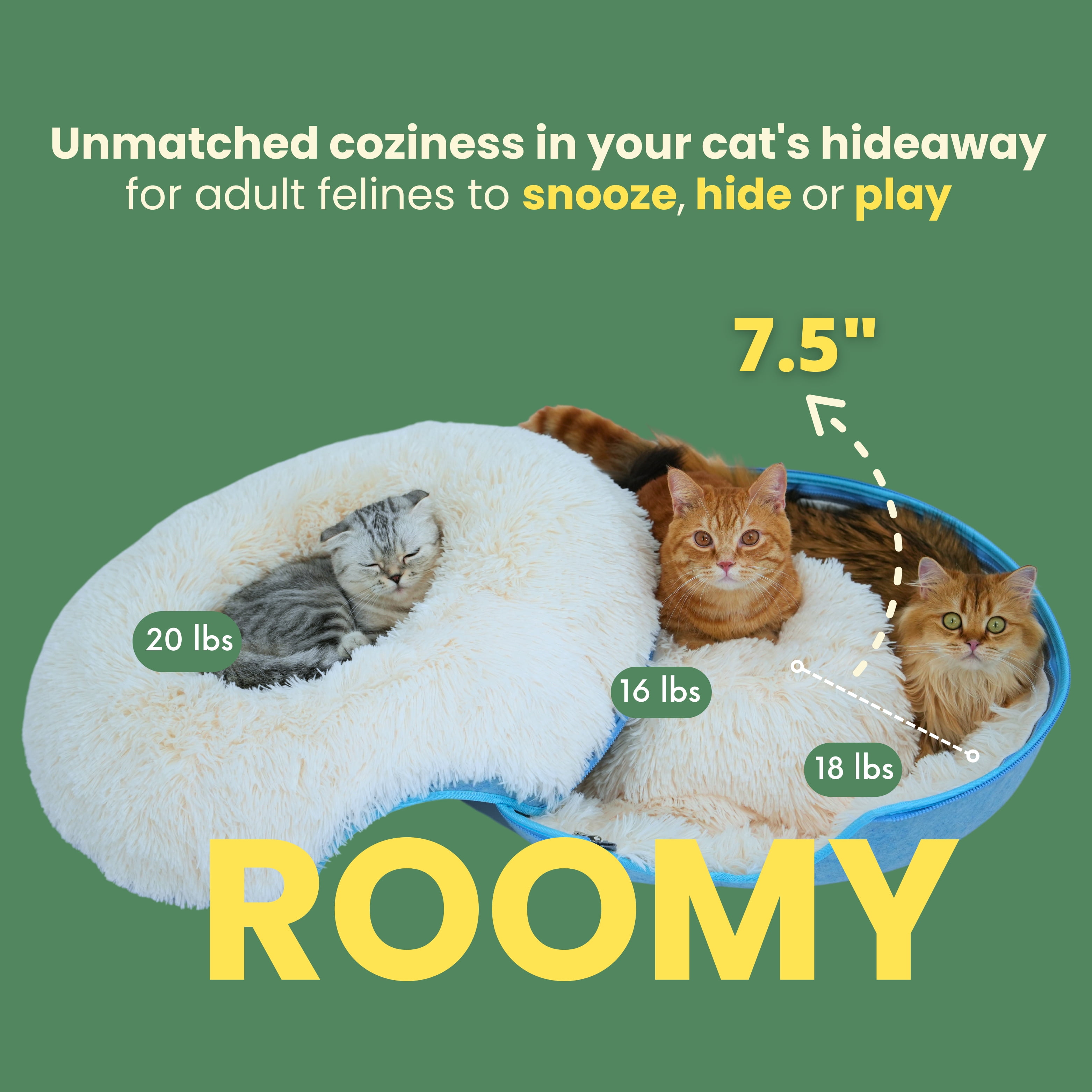 Cattasaurus Calming Donut Cat Cave for Multiple & Large Cats Up to 30-45 Lbs, Scratch Detachable & Washable Tunnel Bed, Comfy Donut Cat Cave (Blue, Large)