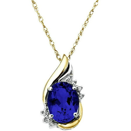 Duet Sterling Silver with 10kt Yellow Gold Oval Created Sapphire and Diamond Accent Pendant
