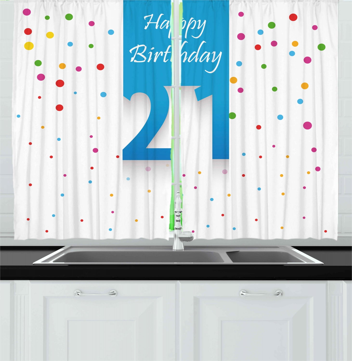 21st Birthday Curtains 2 Panels Set, Party Festive Themed Happy Birthday Celebration Quote on