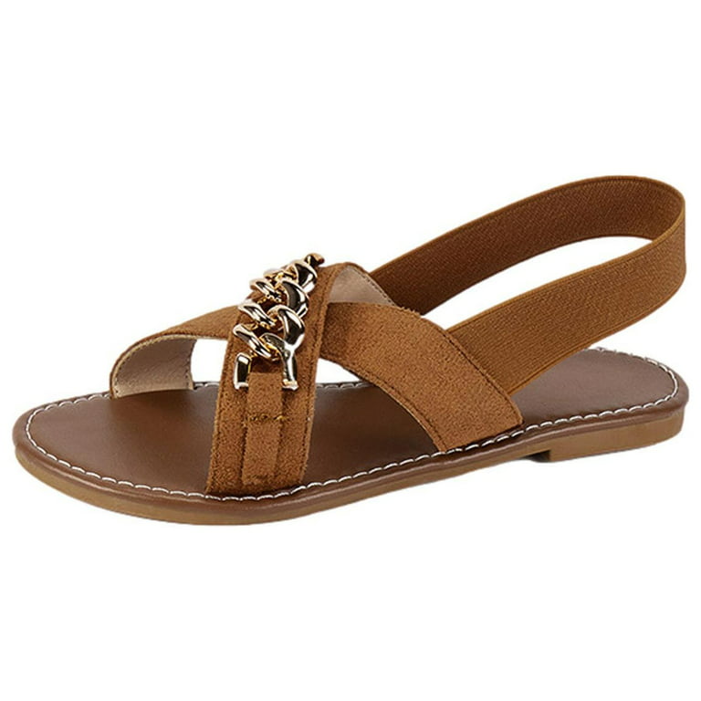 Cethrio Womens Summer Comfort Flats Sandals- Slides Sandal Open Toe Footbed  Wide Width on Clearance Brown Dressy Sandals/ Slides Size 7 