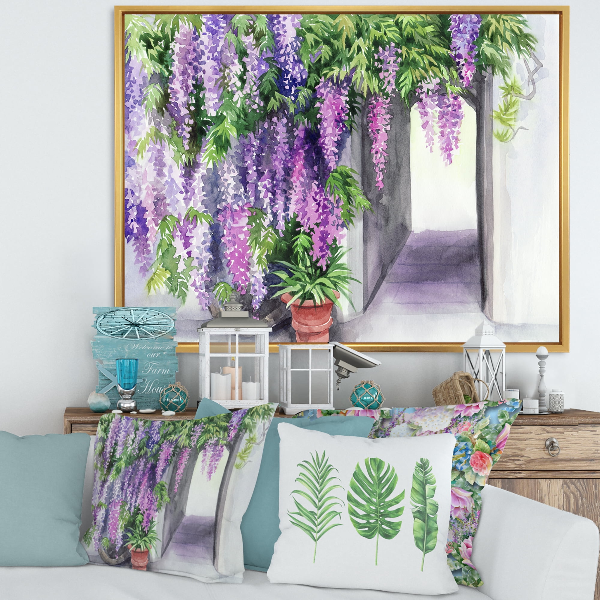 Designart 'Purple Wisteria Blossom' Traditional Framed Canvas Wall Art Print