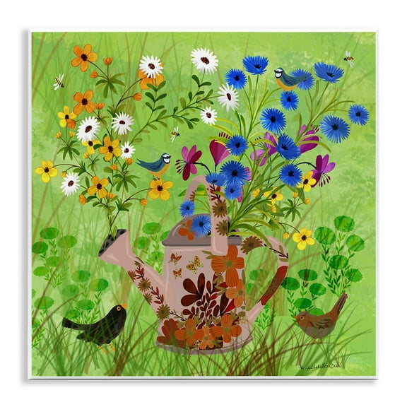 Stupell Industries Bright Gardening Can & Birds Floral Painting Unframed Art Print Wall Art, 12 x 12
