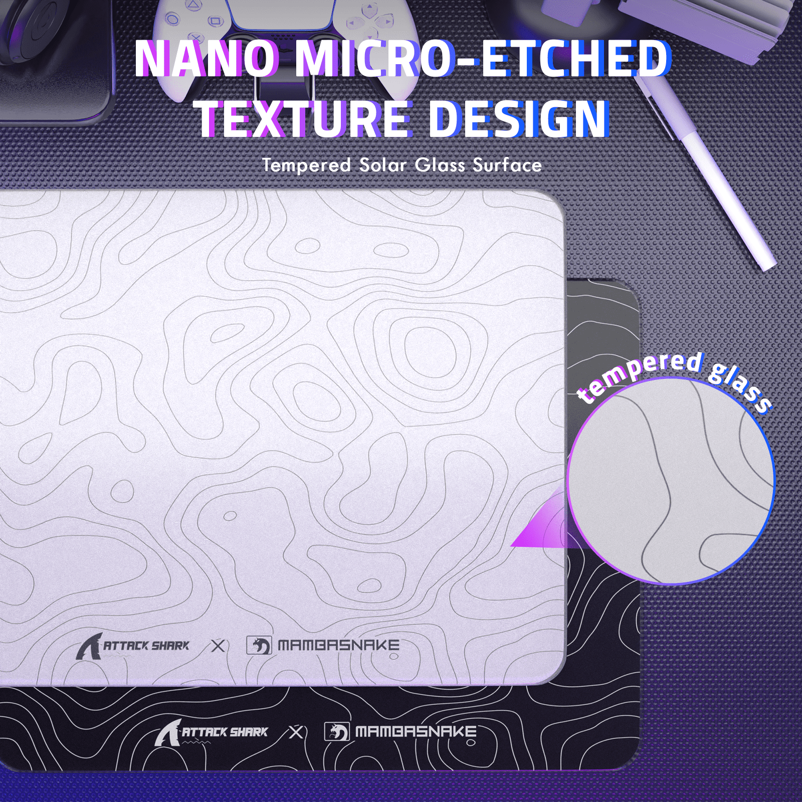 ATTACK SHARK CM05SE Glass Gaming Mouse Pad,16.14x12.20 in Tempered Glass Hard Mouse Pad with Nano-Textured Surface, Non-Slip PU Leather Base,9H Scratch Resistant Large Mouse Mat for FPS &PC Gaming
