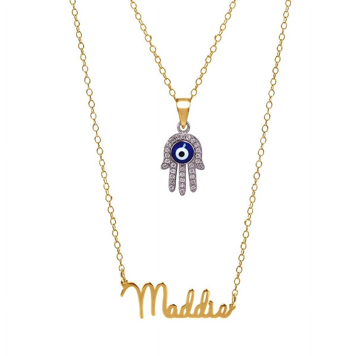 Personalized Sterling Silver or Gold Plated Single Nameplate Necklace With Hamsa, 18 inch Link Chain