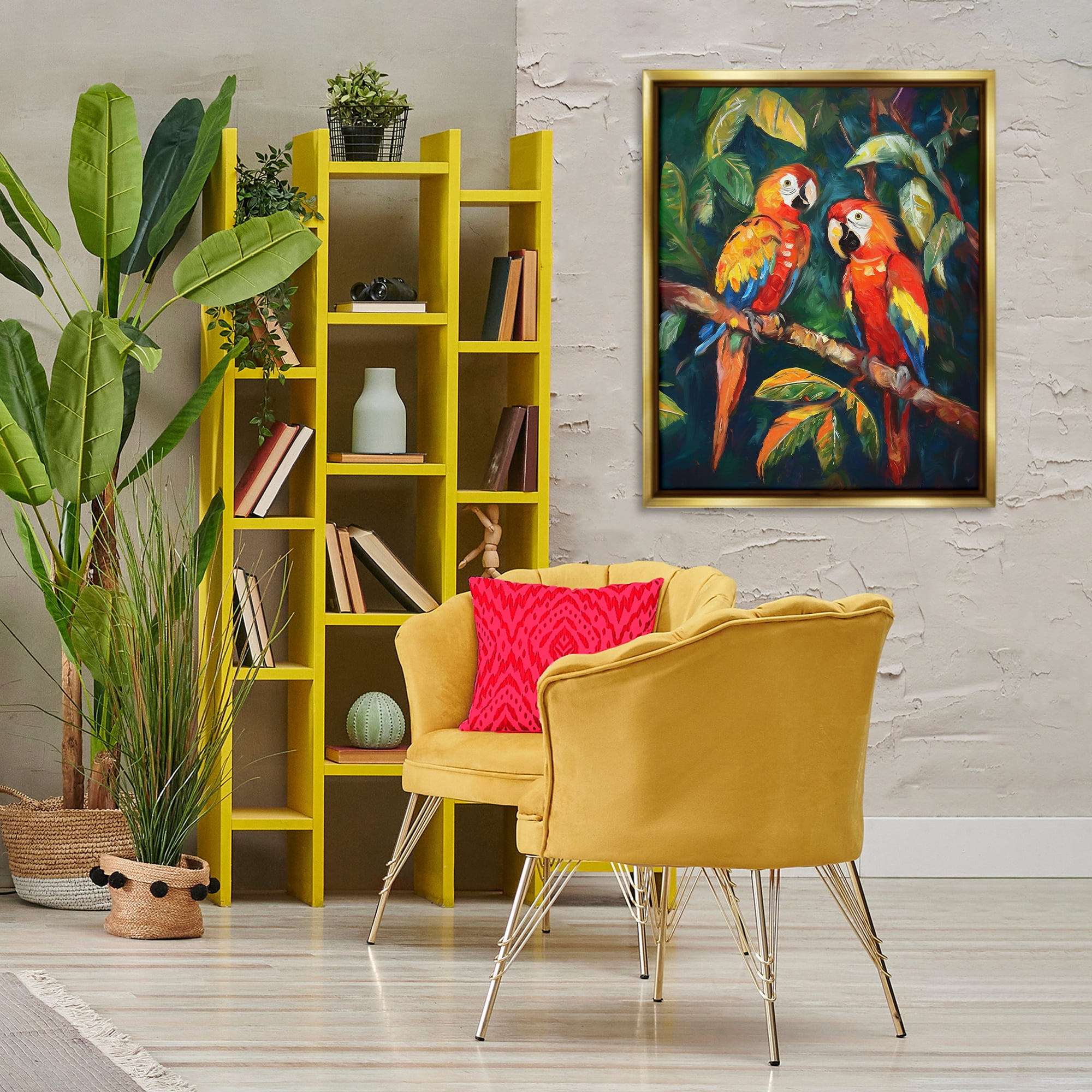 Stupell Industries Parrot Pair on Branch Animals & Insects Painting Gold Floater Framed Canvas Art Print Wall Art, 25 x 31