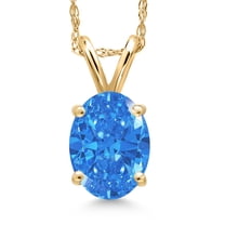 Gem Stone King 14K Yellow Gold Fancy Blue Zirconia Pendant Necklace for Women | 1.21 Cttw | Gemstone Birthstone | Oval 8X6MM | With 18 inch Chain