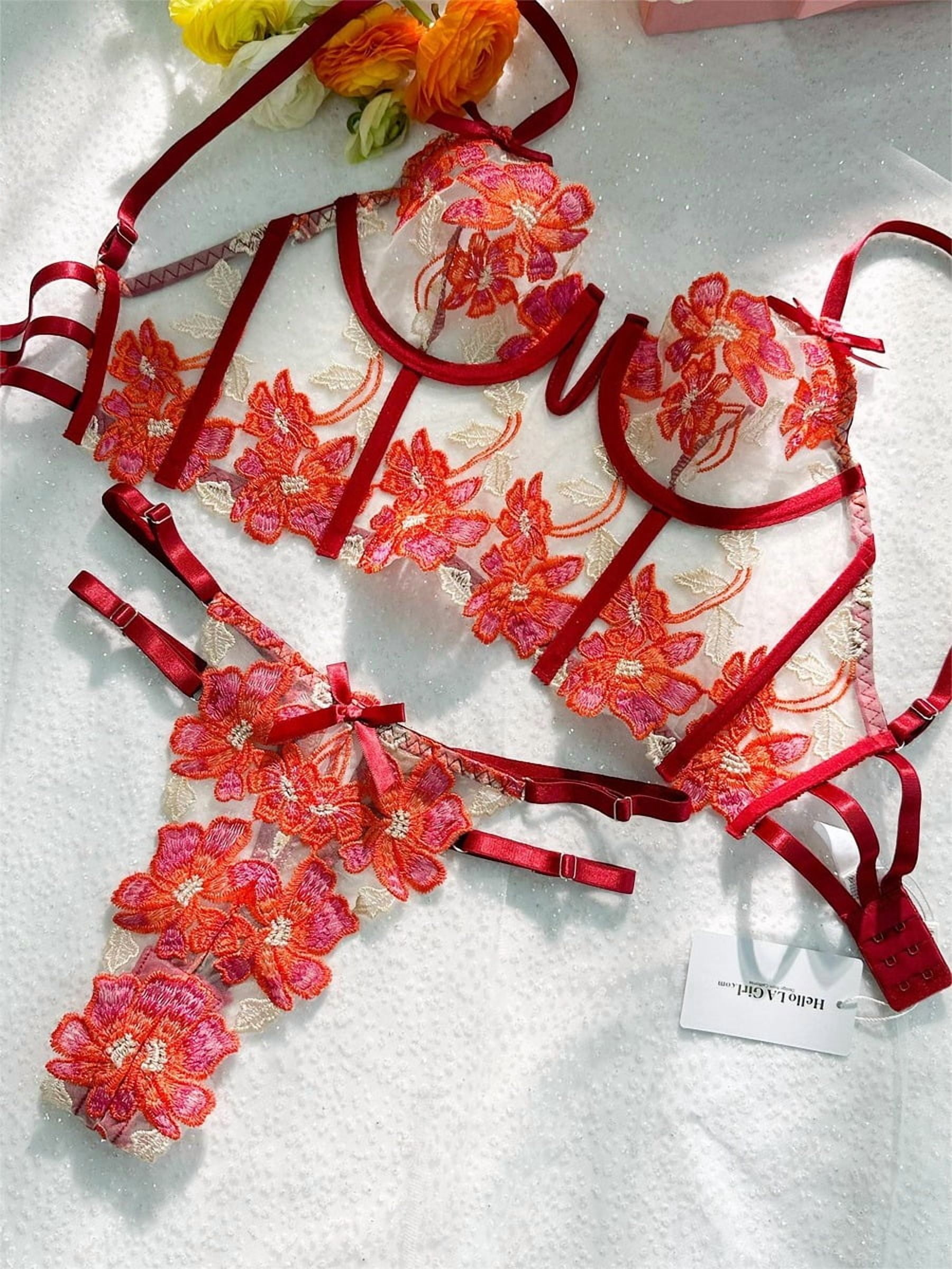 Red Floral Embroidery Bustier Straps Lingerie Set (RED, M)