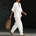thumbnail image 4 of ShomPort Summer Lounge Outfits for Women Cotton Linen V Neck Half Sleeve Blouses Baggy Pants with Pockets Casual Sets, 4 of 7