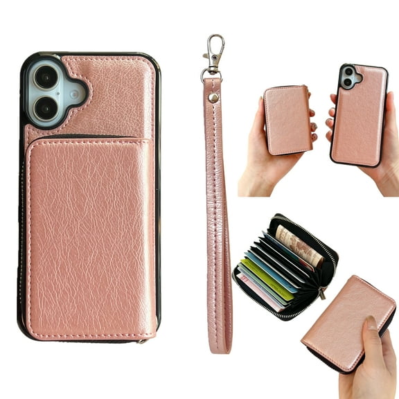 for iPhone 16 Phone Case [Magnetic 2-in-1 Detachable Zipper Wallet] [Back Card Slots Accordion Wallet Case] Shockproof PU Leather Cover with Wrist Strap for iPhone 16, Rosegold