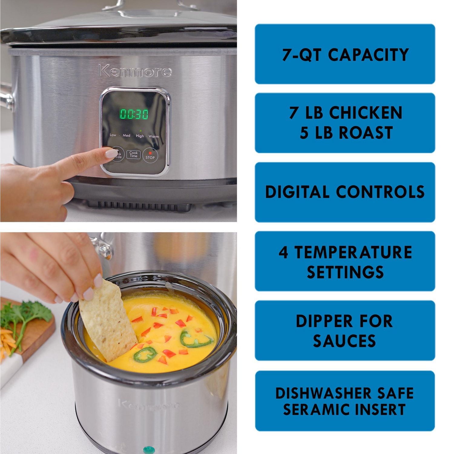 Kenmore Cuiseur Lent Programmable 7-Qt avec Casserole (6.6L), Noir & Argent, Facile à Utiliser pour les Repas en Famille