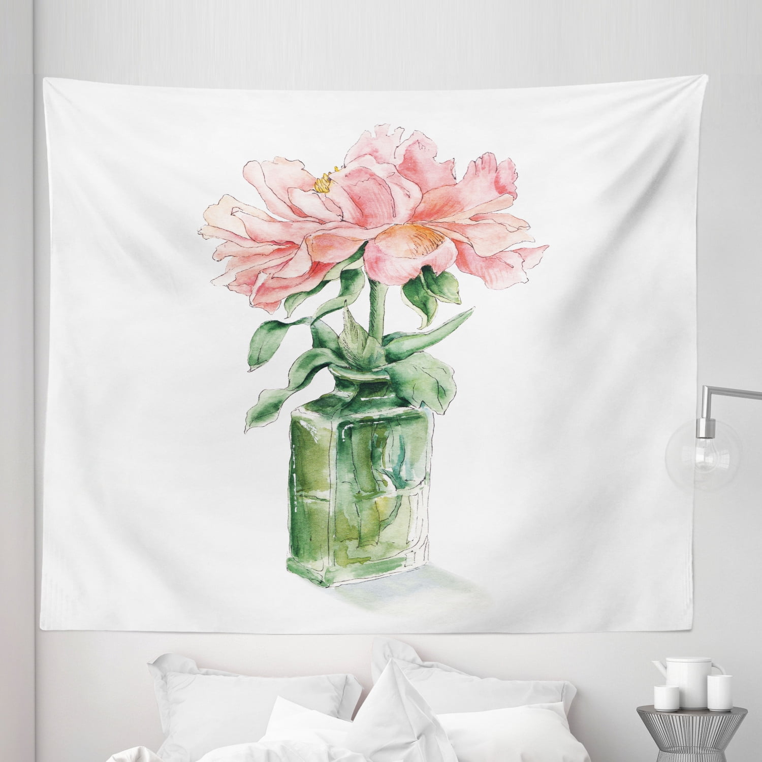 Floral Tapestry, Watercolor Paint Rose Flower in Vase Drawing Print, Fabric  Wall Hanging Decor for Bedroom Living Room Dorm, 5 Sizes, Pink Hunter