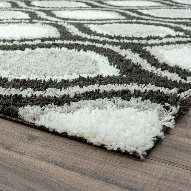 Transitional 4x6 Area Rug Shag Thick (4' x 5'3'') Geometric White, Gray  Indoor Rectangle Easy to Clean 