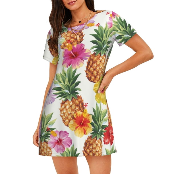 Fotbe Hawaiian Pineappl Bata de Dormir para Mujer con Estampado, Camisón de Algodón de Manga Corta, Ropa de Dormir Casual