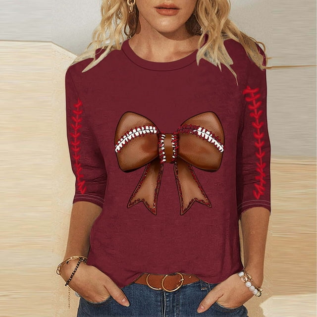 Ounisa T-Shirts à Manches 3/4 pour Femmes Col Rond Imprimé Football Coupe Ample Décontractée Printemps Été Jour de Match Usage Quotidien Mode Hauts P-5TG