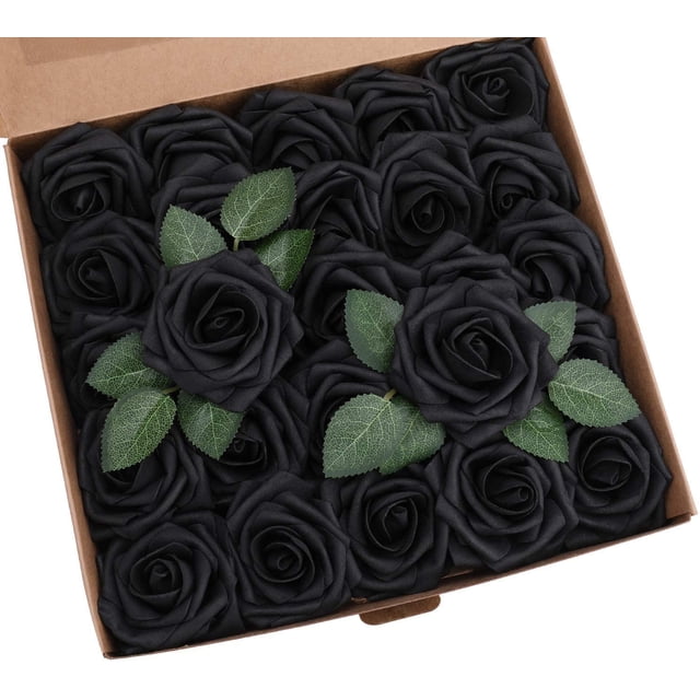 Nvzi Flores artificiales de espuma realistas con tallos para hacer ramos de boda, decoraciones para baby shower, fiestas, hogar y árboles de Navidad (25 unidades, color negro)