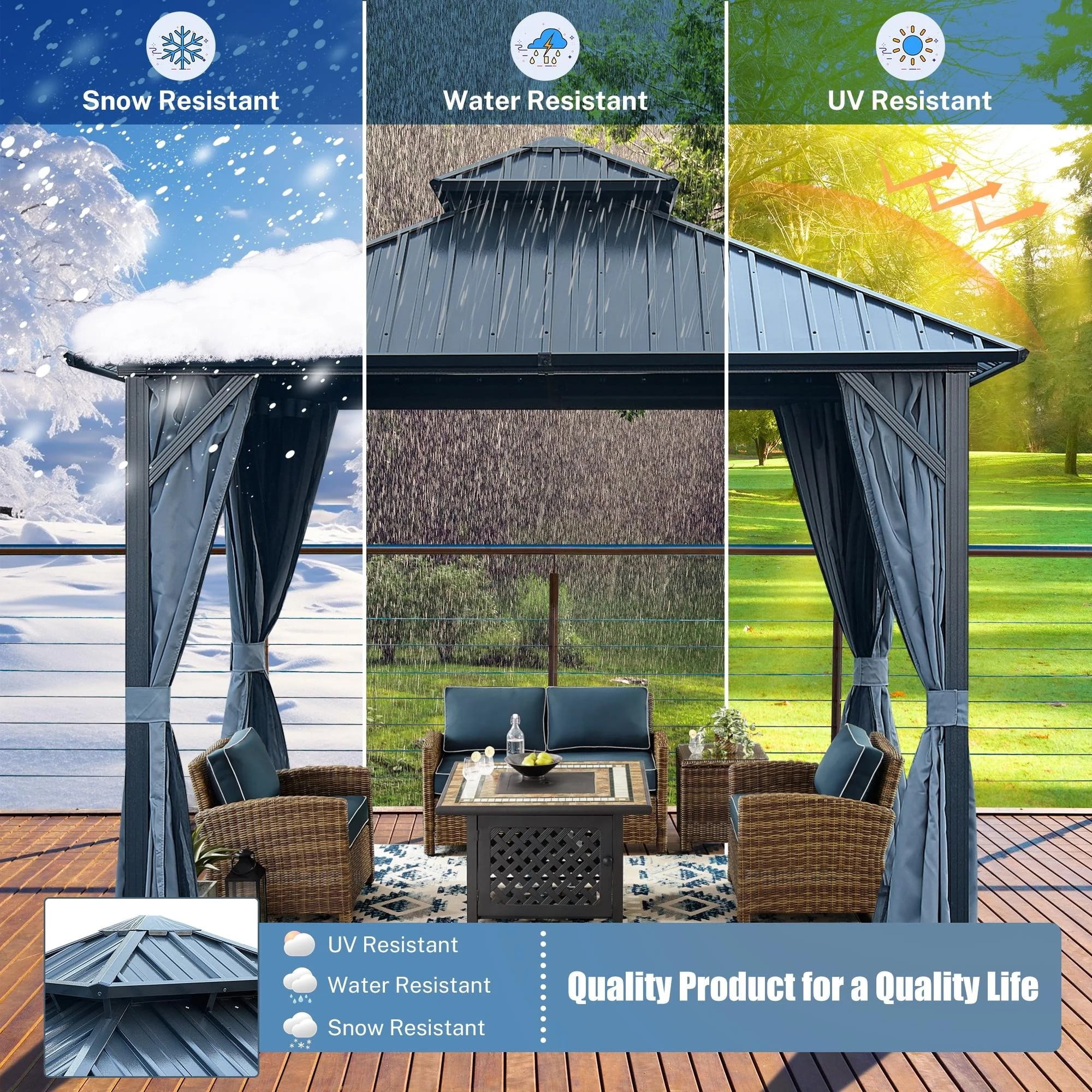 10' X 10' Hardtop Gazebo with Galvanized Steel Double Roof, Aluminum Frame Gazebos with Curtains and Netting, Outdoor Metal Pavilion for Patio, Lawn, and Garden, Grey