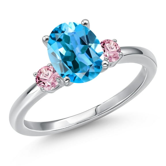 Gem Stone King 14K White Gold Swiss Blue Topaz and Pink Lab Grown Diamond Engagement Ring for Women | 2.51 Cttw | Oval 9X7MM | Gemstone November Birthstone | Size 5