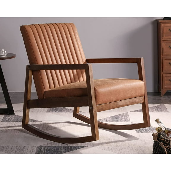 CIMOTA Leather Modern Rocking Chair Mid Century Armchair Upholstered Arm Chair with Padded Seat/Wood Frame, Comfy Rocker for Living Room/Bedroom, Retro Brown PU