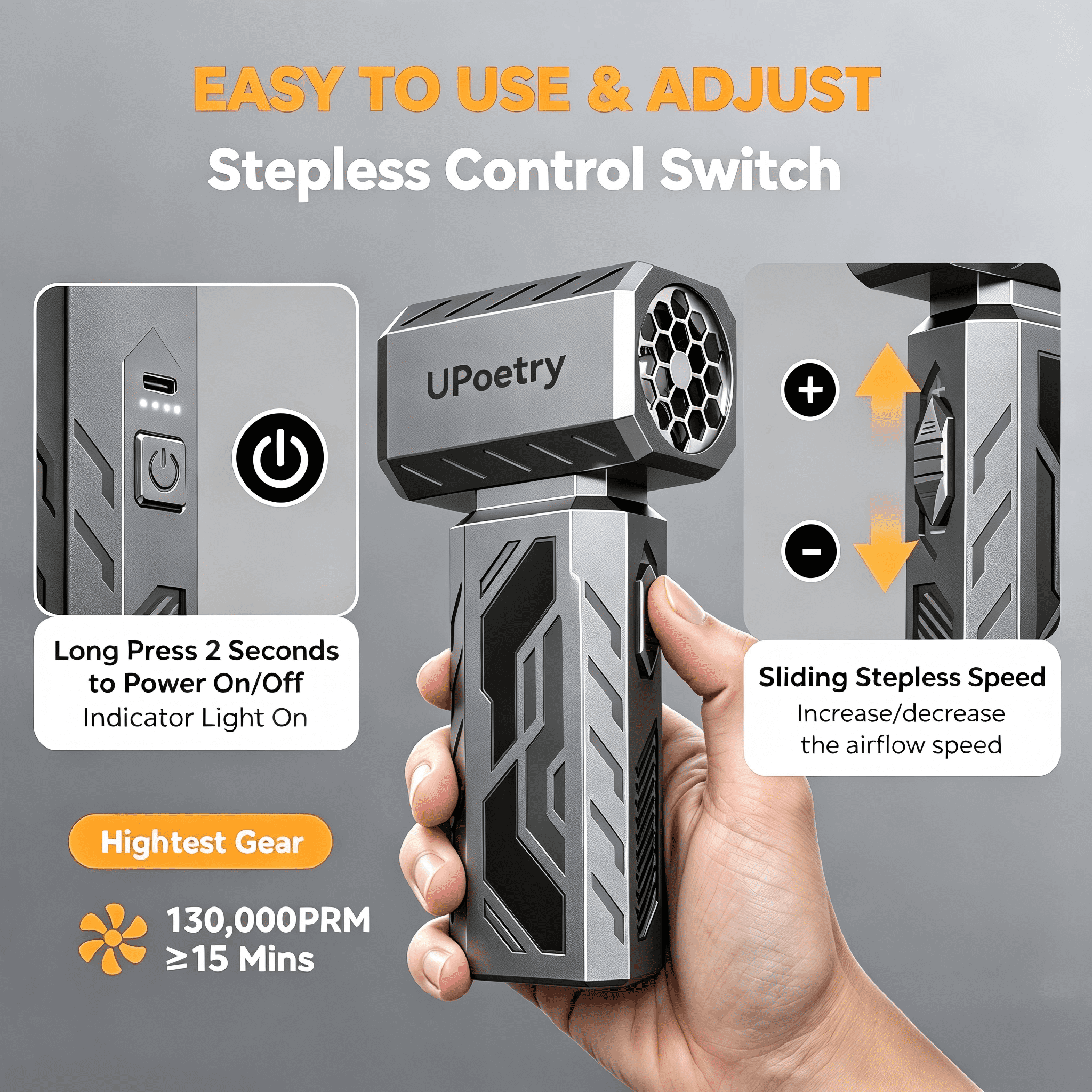 UPoetry-Cordless Air Duster - 130,000RPM Rechargeable Blower with Brushless Motor & Type-C Fast Charging for PC, Keyboard &t Home