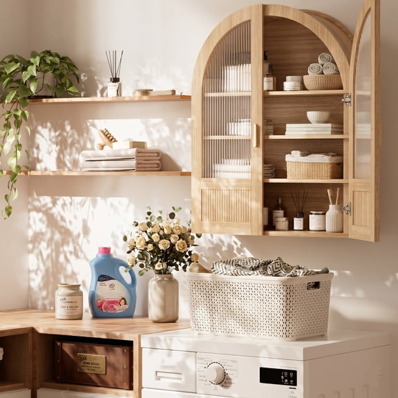 Modern Arched Wall Mounted Storage Cabinet, 2-Door Wood-Look Bathroom Over Toilet Organizer with Adjustable Shelves Natural Oak
