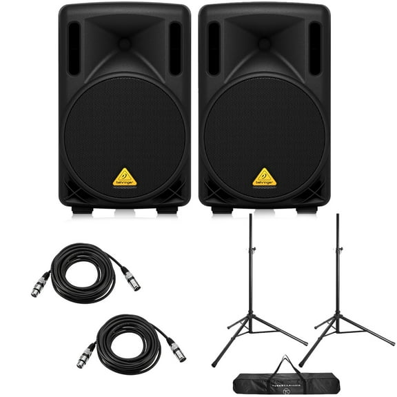 Behringer Eurolive B210D 10" 200W 2-Way Active PA Speaker System, Pair, Bundle with 2x Speaker Stand and 2x Value Series 25' XLR Microphone Cable