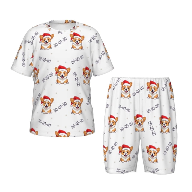 Fotbe Corgi With Santa Claus Hat Pijama Estampada de 2 Piezas para Niños – Ropa de Dormir de Manga Corta Cómoda para Niños y Niñas, Camiseta y Shorts de Algodón-Small