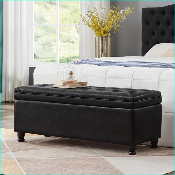 Storage Bench, Tufted Faux Leather with Spindle Wood Legs | Black | Internal Storage