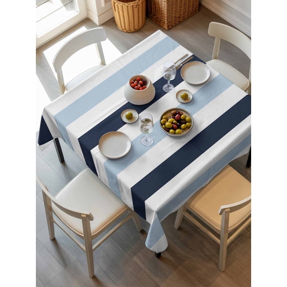 Navy Blue Aqua Striped Tablecloth Square Table Cloth 60x60, Waterproof Outdoor Table Cloth Covers Decorative Table Protector, Farmhouse Stripe Art Washable Table Cover for Kitchen Dinning Party