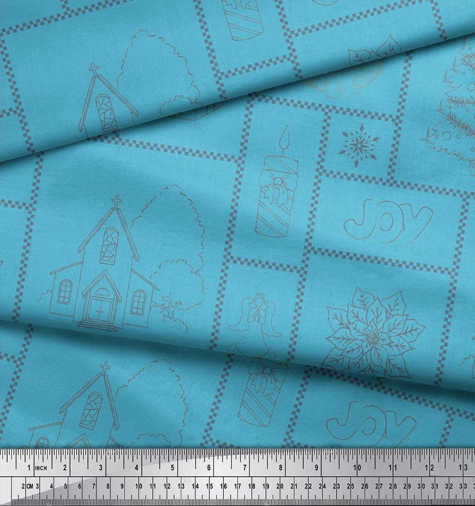 Soimoi Blue Cotton Duck Fabric Christmas Theme Party Printed Fabric 1 Yard 42 Inch Wide