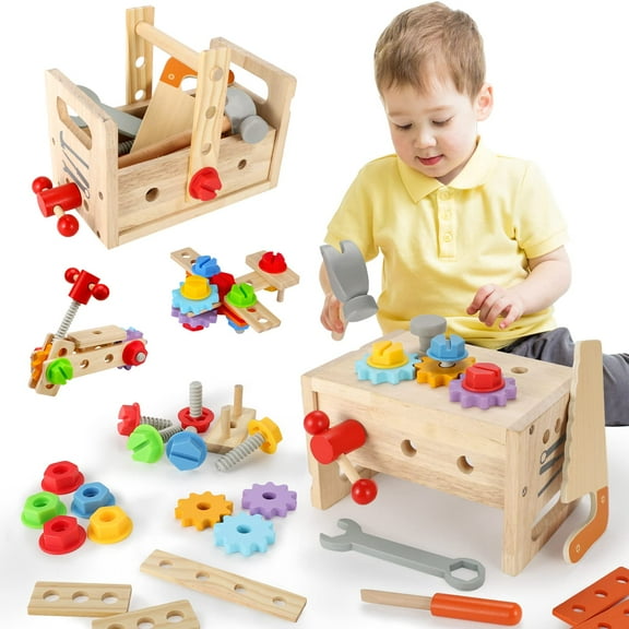 Montessori Toddler Toys for 3 Year Old Boys, 29 Pcs Wooden  Kids Tool Set Toys with Tool Box, Educational Pretend Play Learning Resources Construction Stem Toys，Gifts for 3  Years Old Boy Girl
