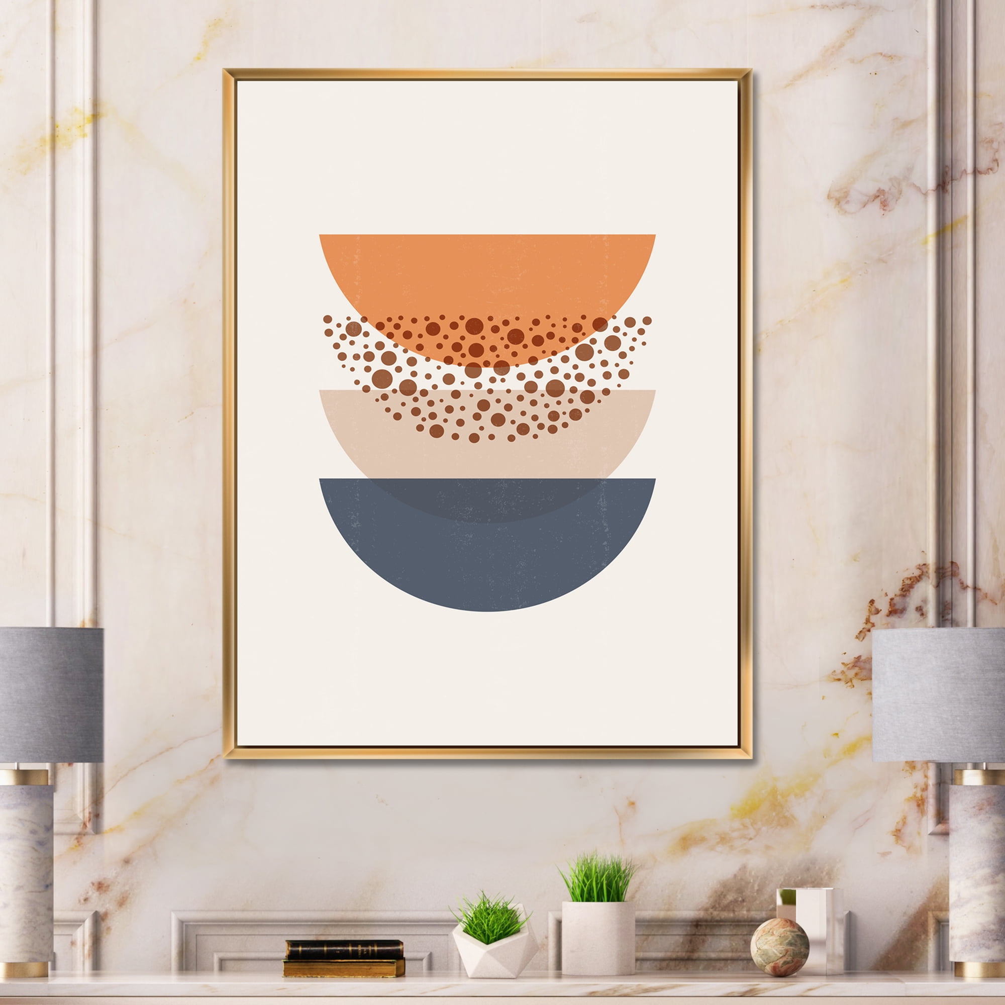 Designart 'Abstract Moon and Sun Geometrics In Blue & Orange' Modern Framed Canvas Wall Art Print